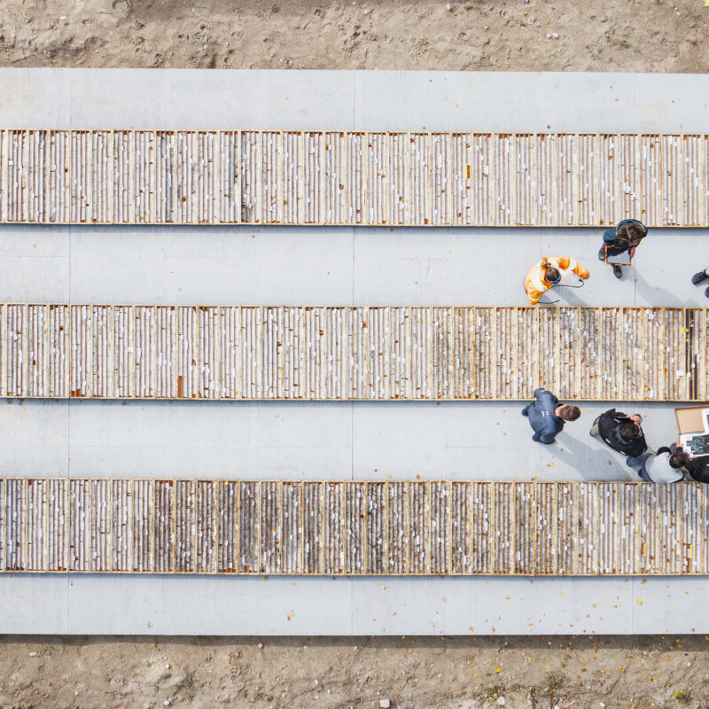 Drone photo of investors standing in a circle around core boxes at the Cisco project